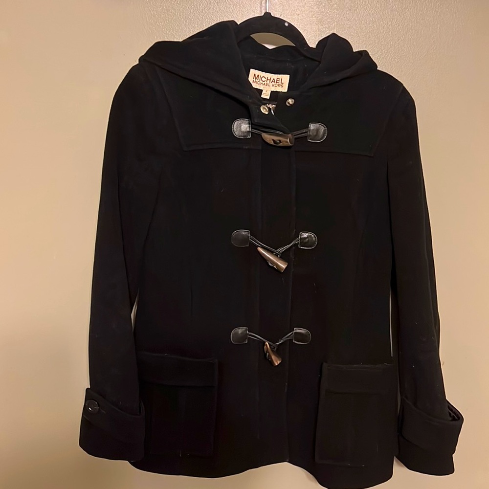 Michael Kors black Wool Pea Coat w/Faux horn toggle clasp buttons also zips up